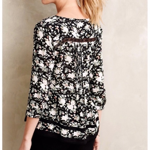Anthropologie Eyelet Embroidered Pintuck Pleated Black Floral Peasant Top Size 0 - Picture 7 of 13